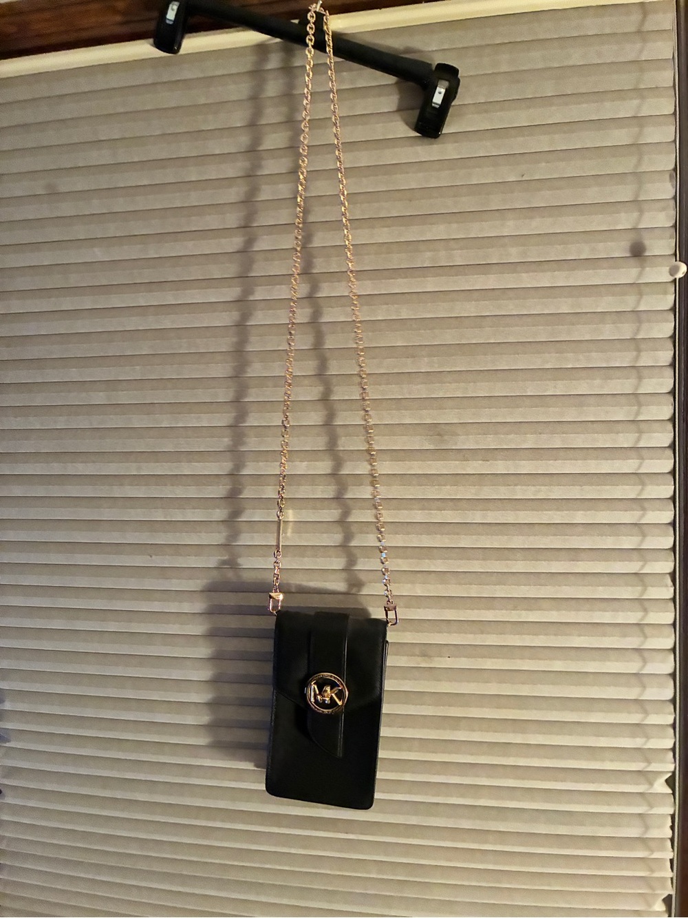 Michael Kors Black Leather Phone Crossbody with Gold Chain Strap